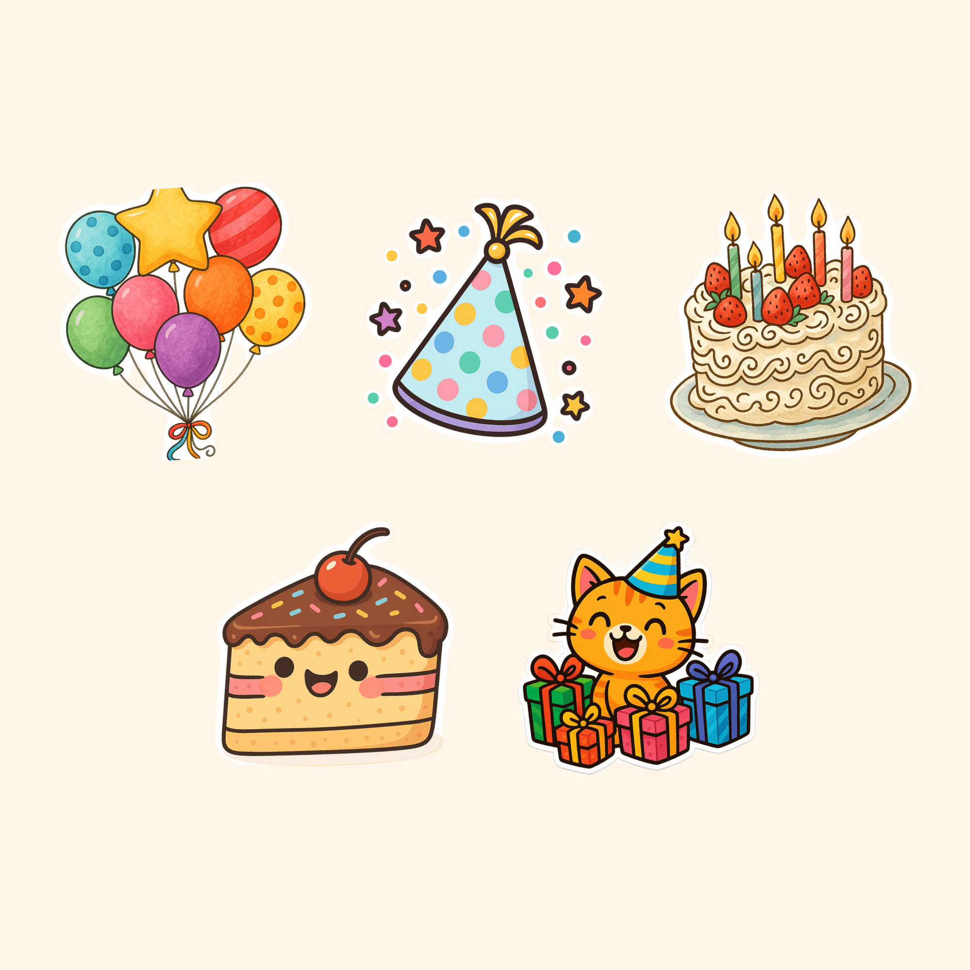 Birthday Sticker Pack (5-Pack) — all stickers included in the pack