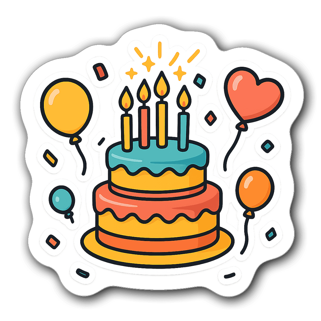 Colorful birthday cake with candles and confetti sticker