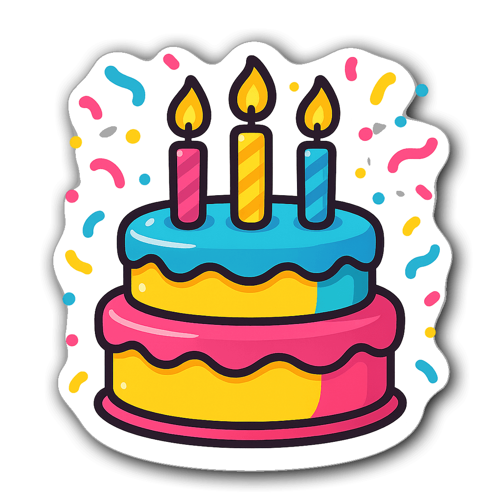 Colorful birthday cake with candles and confetti sticker