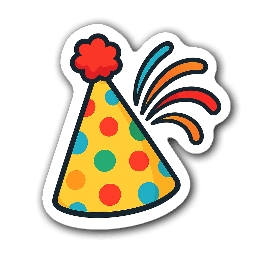 A cute cartoon-style party hat with polka dots and streamers