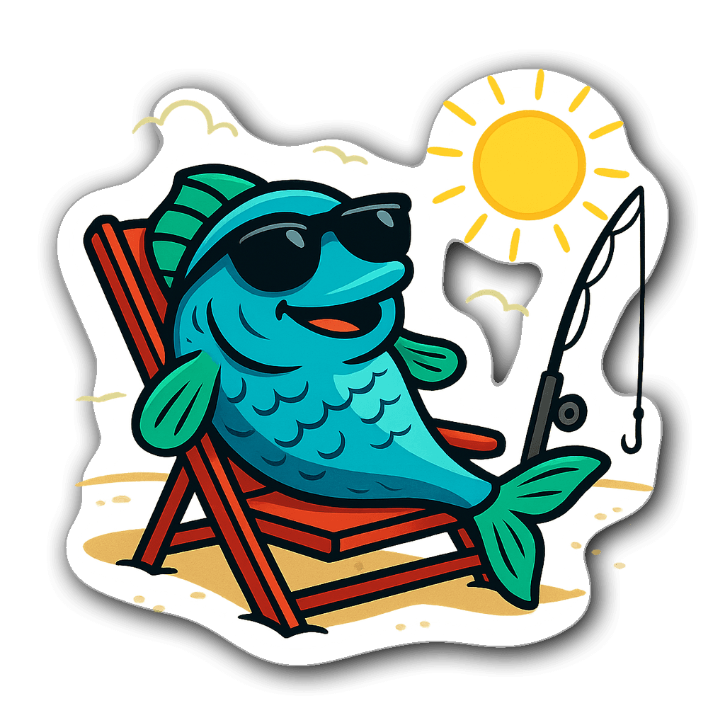 A cartoon fish wearing sunglasses on a beach chair with a fishing rod.