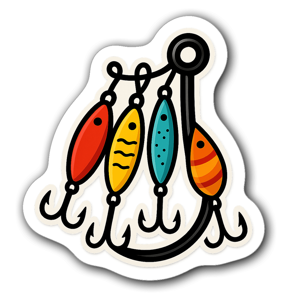 Colorful fishhook sticker with vibrant lures