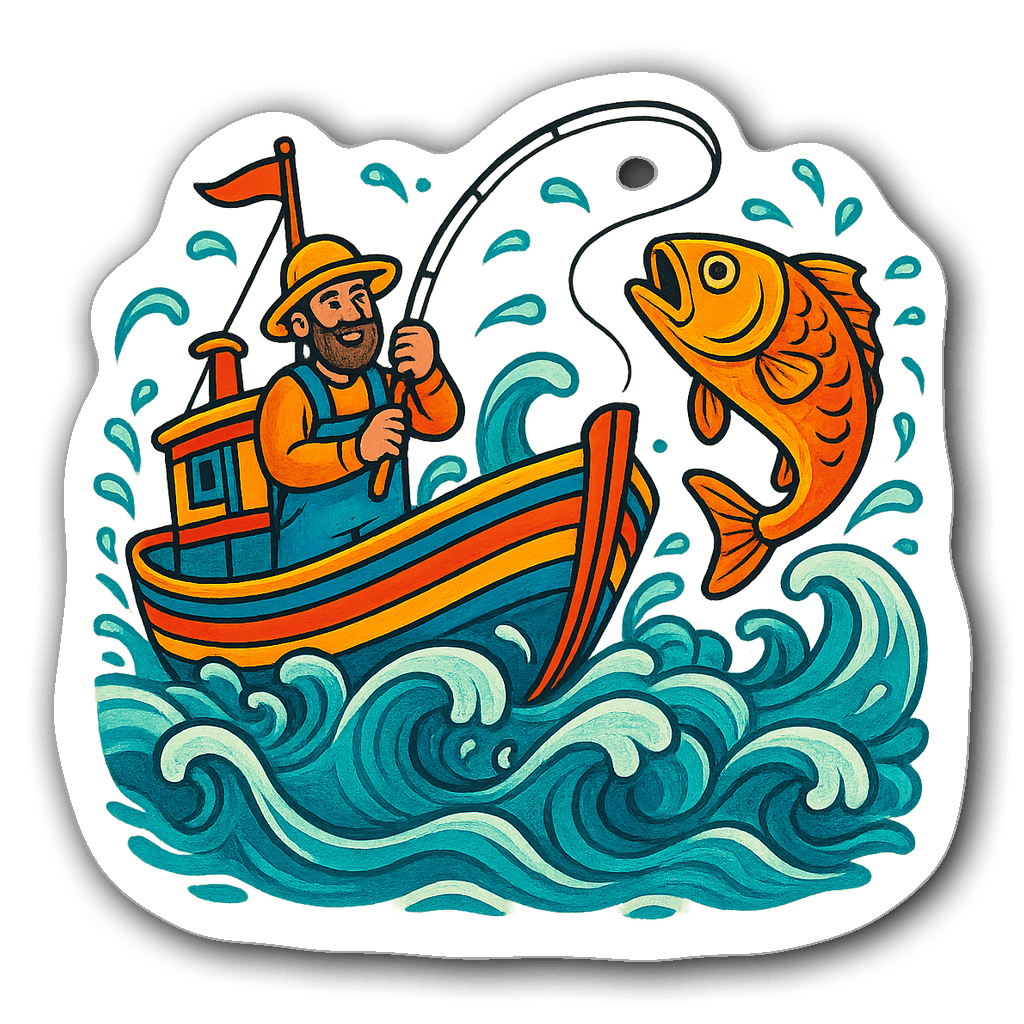 Bright fishing boat sticker with waves and fisherman casting