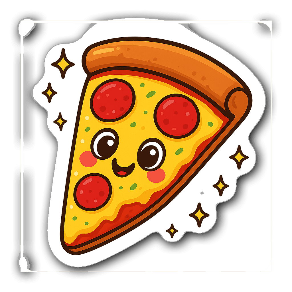 Cute pizza slice sticker with smiling face and stars