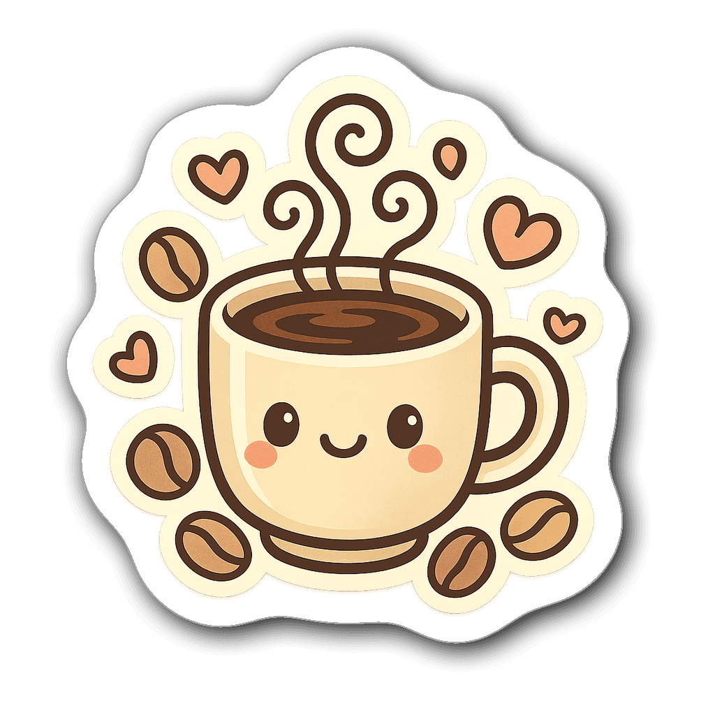 Cute coffee cup sticker with steam and hearts