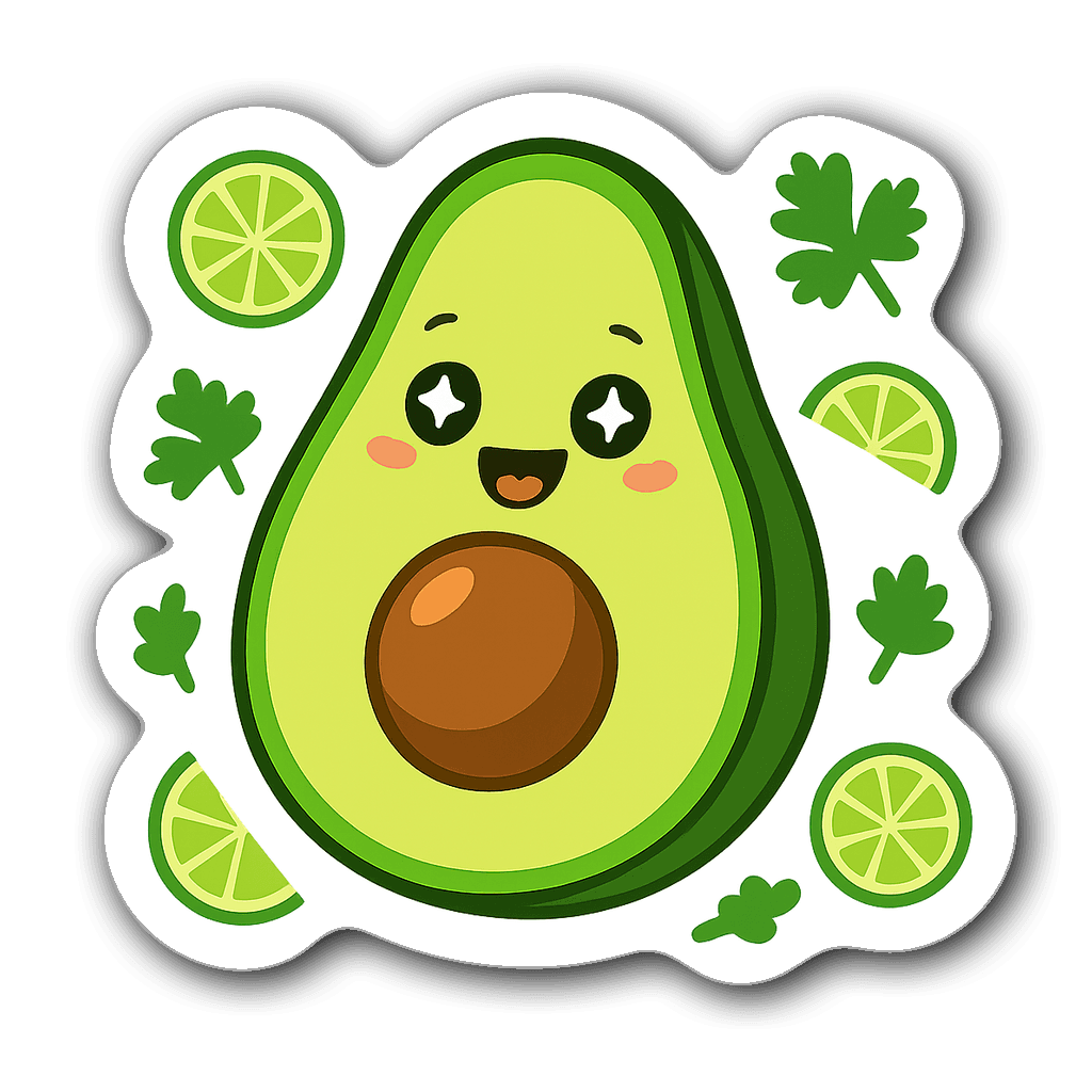 Cartoon avocado half with lime slices and cilantro leaves