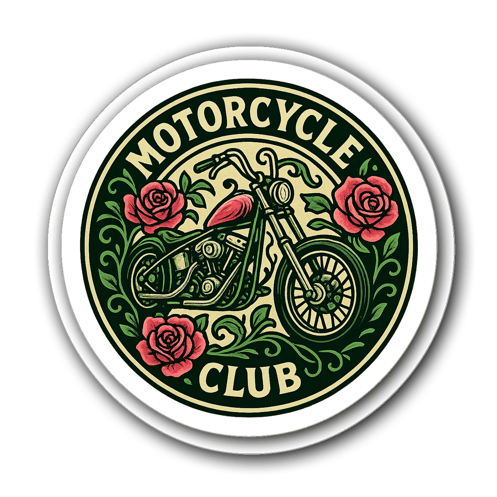 Vintage motorcycle club badge sticker with chopper and roses