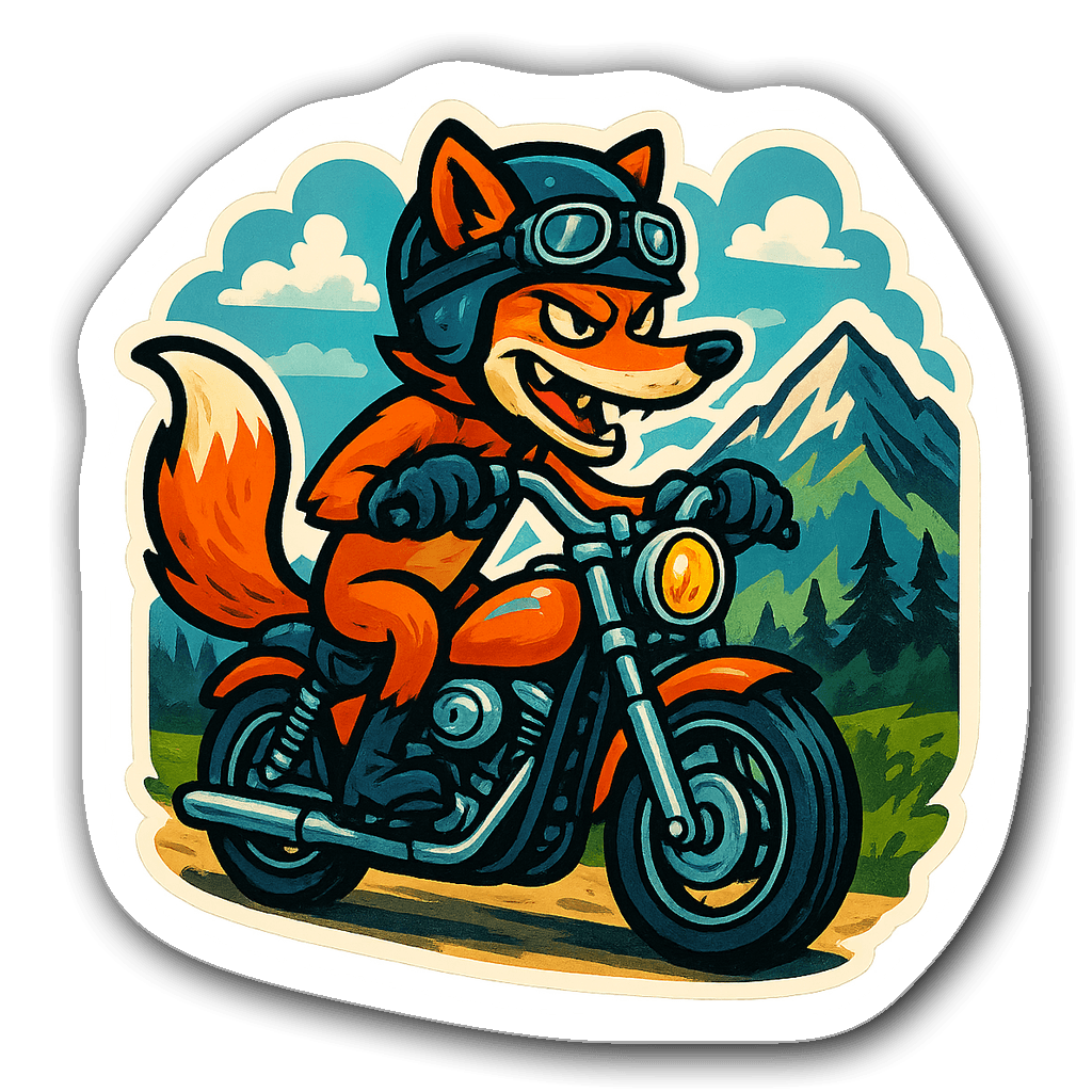 Biker fox character riding a motorcycle through mountains