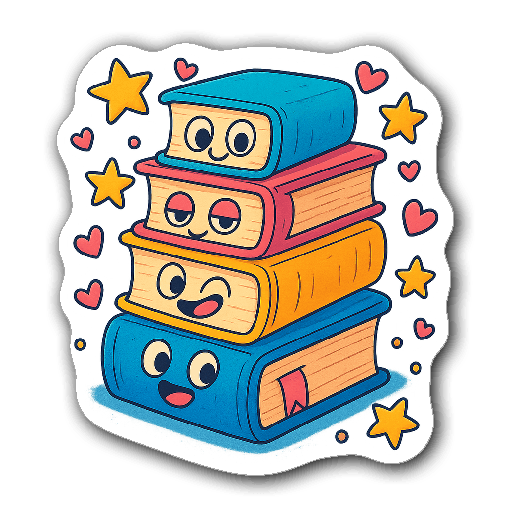 Stack of happy cartoon books with hearts and stars sticker