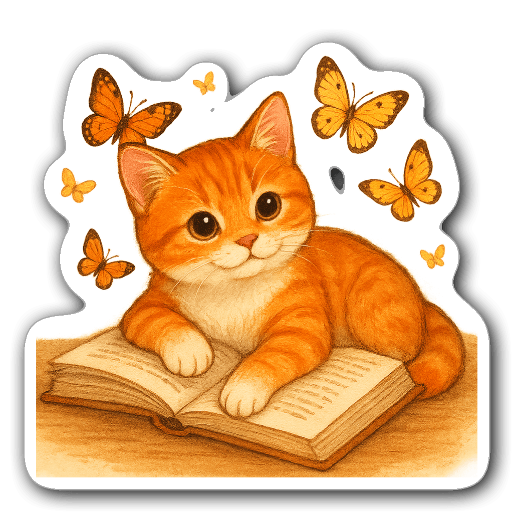 Orange kitten lying on an open book with butterflies sticker