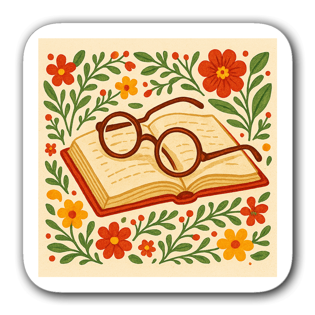 Open book with round glasses surrounded by folk art flowers sticker