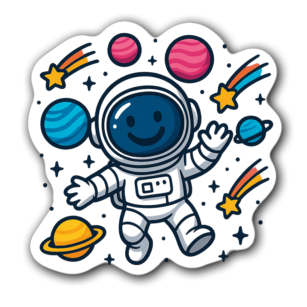 Playful astronaut floating in space with colorful planets and shooting stars