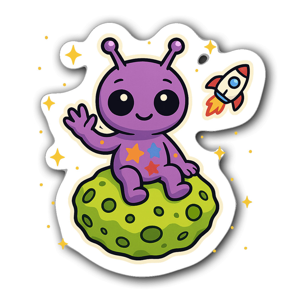 Cartoon alien waving on a green asteroid with stars and a spaceship