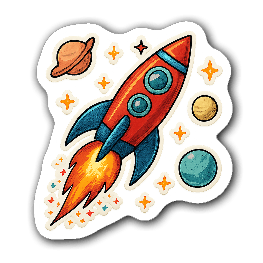 Rocket ship blasting off into space with colorful flames and sparkles