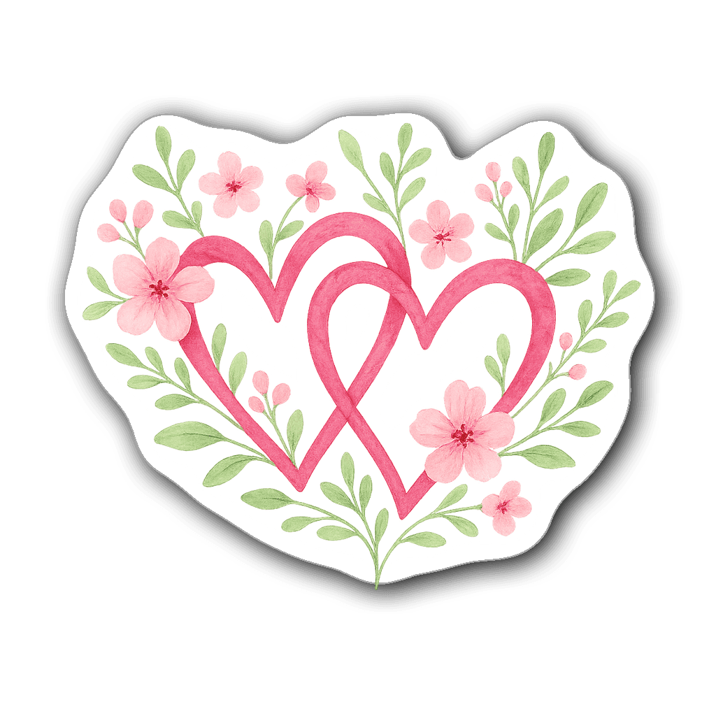 Whimsical illustration of intertwined hearts with flowers