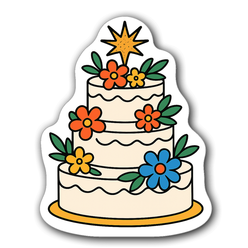 Stylish wedding cake sticker with floral accents and topper