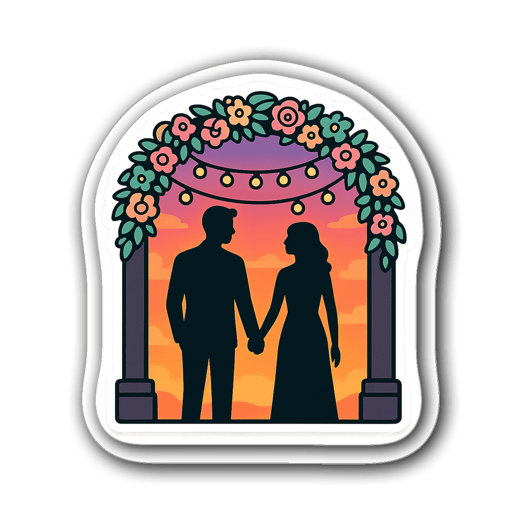 Chic couple silhouette holding hands under a decorated archway