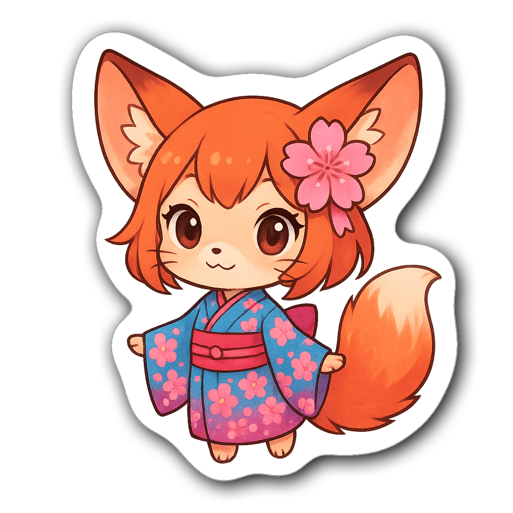 Chibi fox girl with oversized ears in a kimono design