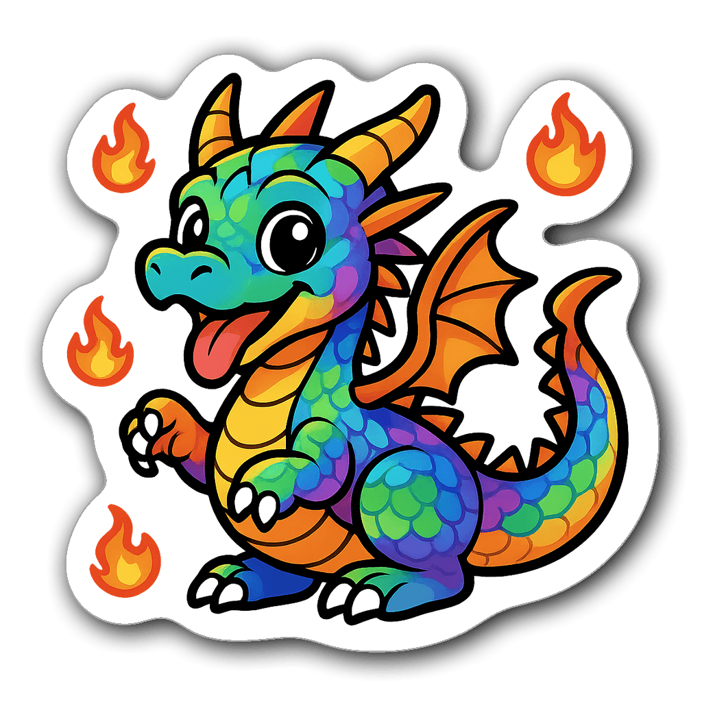 Playful anime dragon with rainbow scales and fireballs