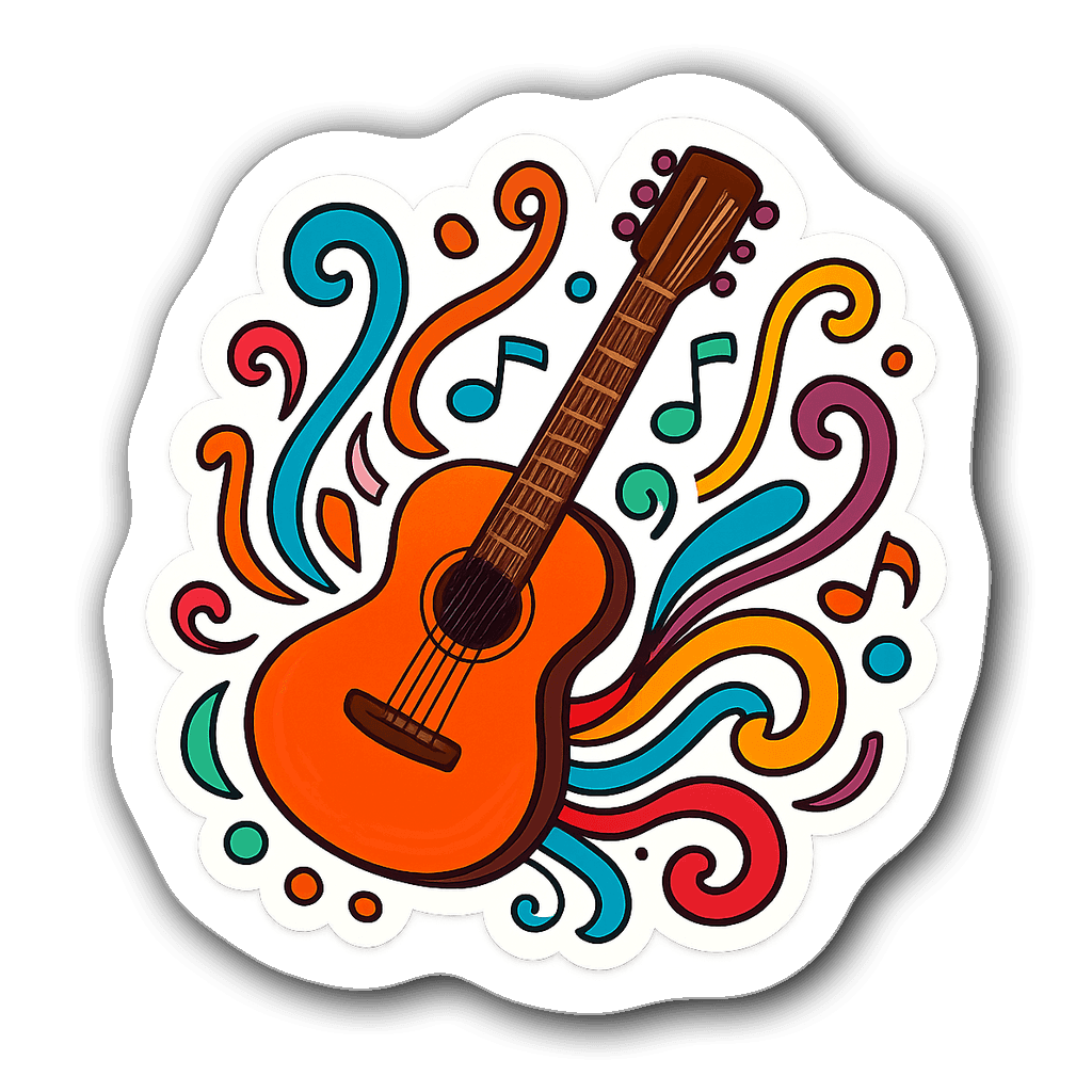 Vibrant vinyl sticker of a whimsical guitar with colorful strings and musical notes