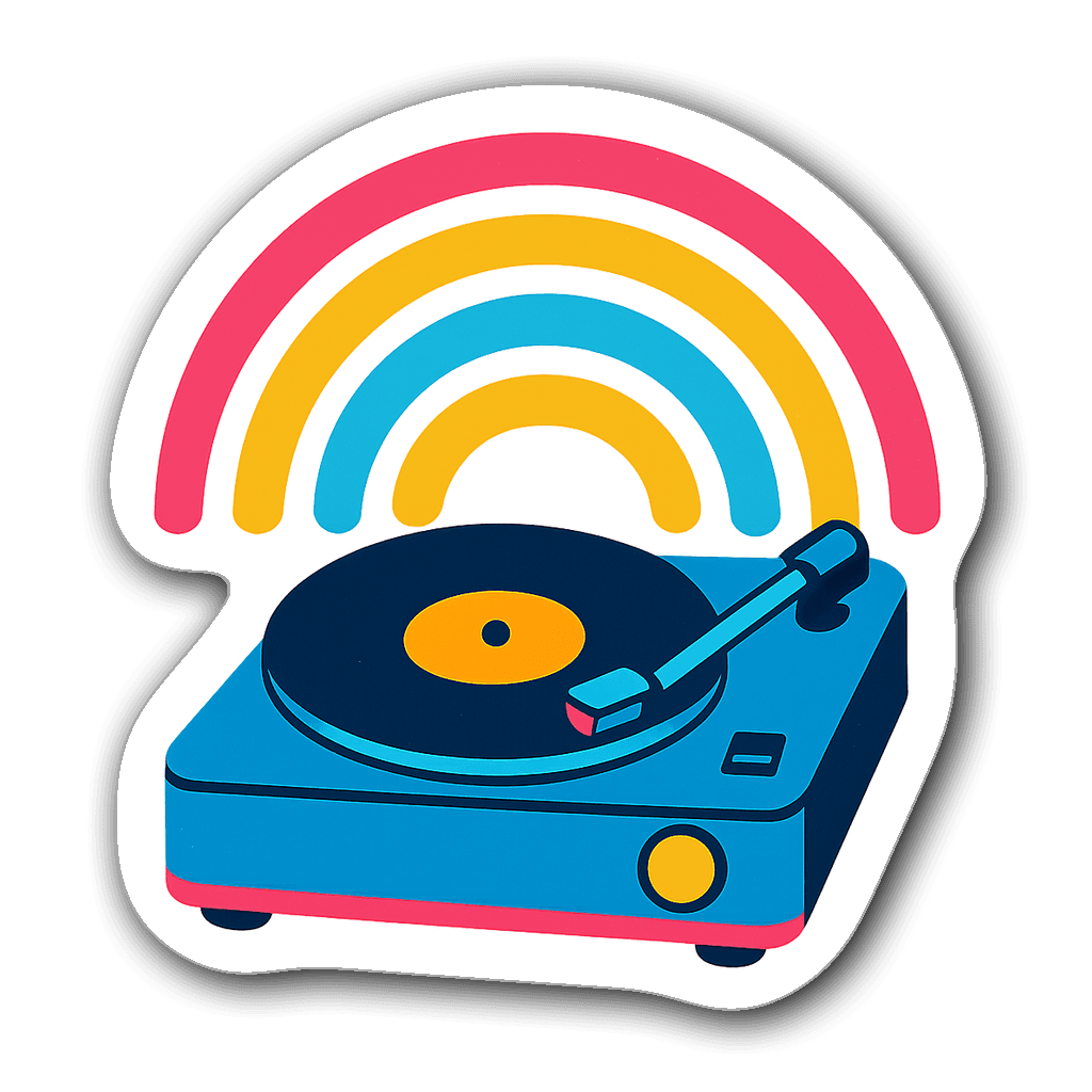 Vintage record player illustration with colorful sound waves