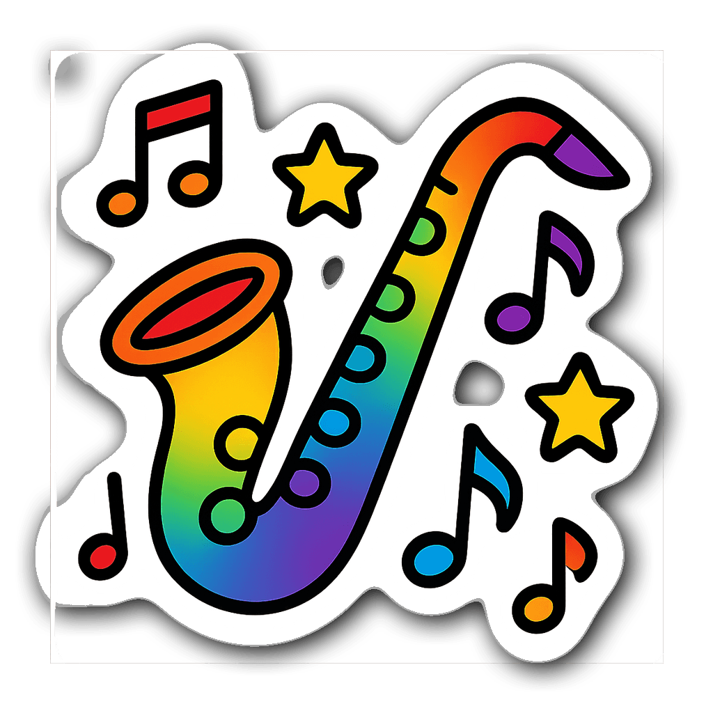 Vibrant saxophone surrounded by stars and musical notes sticker