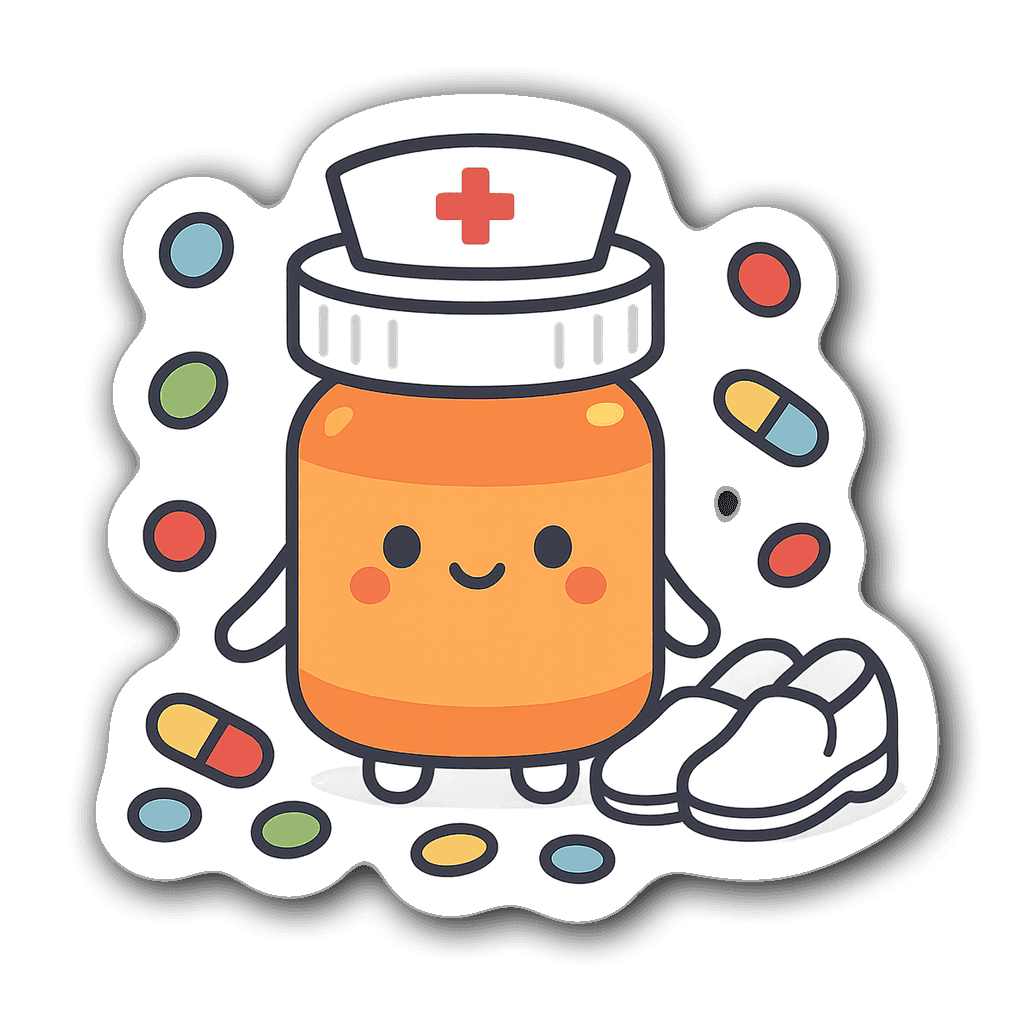 Cute cartoon pill bottle character with nurse's cap and vitamins