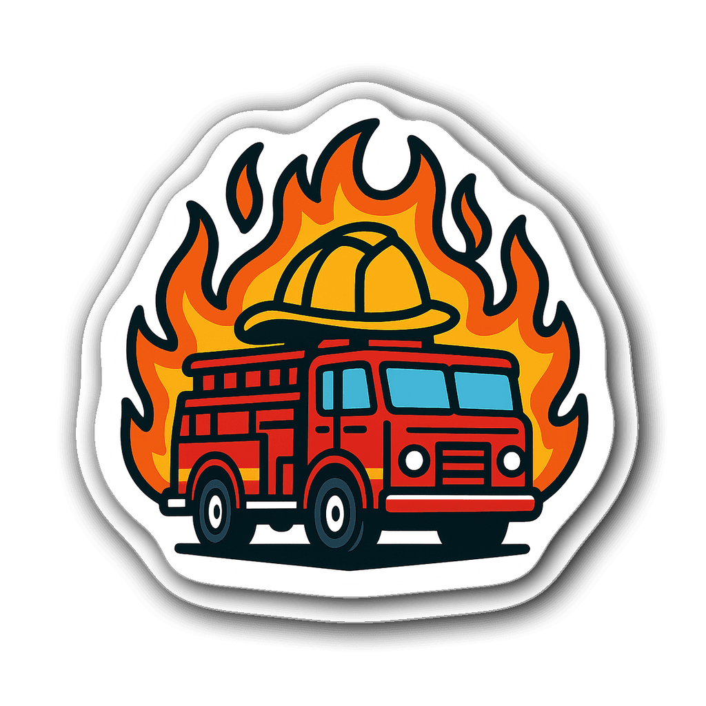 A die-cut sticker of a classic fire truck with flames and helmet