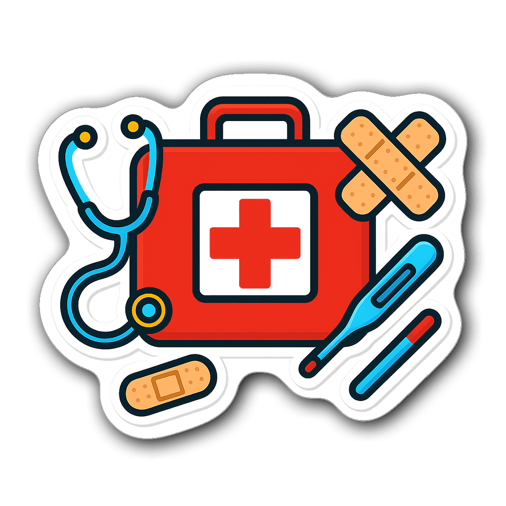 Vibrant die-cut sticker of a paramedic's first-aid kit with tools