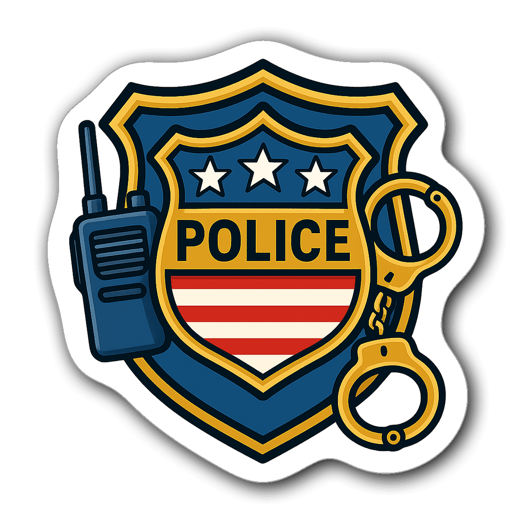 Police badge die-cut sticker with blue and gold design and stars