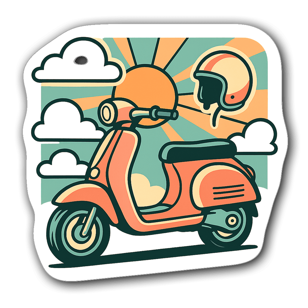 Vintage electric scooter sticker with clouds and sun rays