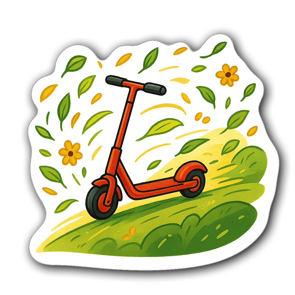 Whimsical electric scooter design with bright colors and motion