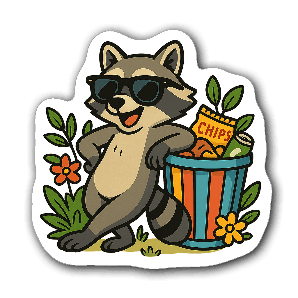 Raccoon wearing sunglasses leaning on a trash can sticker