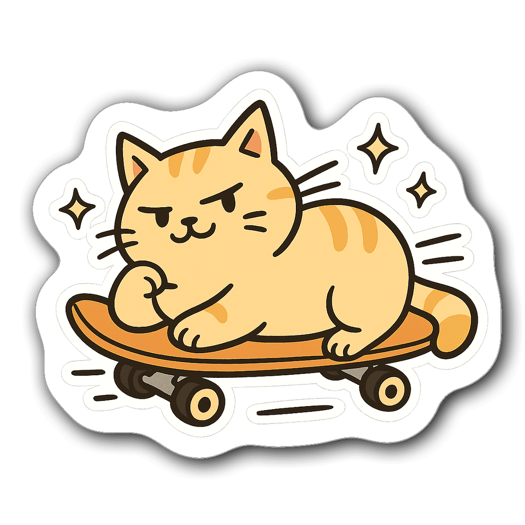 Chubby orange cat riding a skateboard with sparkles sticker