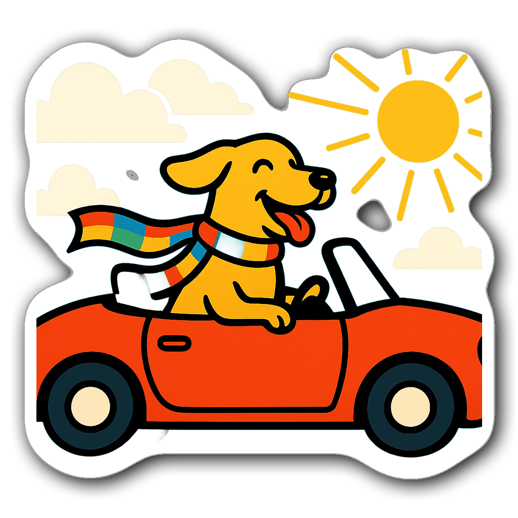 Happy dog with rainbow scarf driving a red convertible sticker