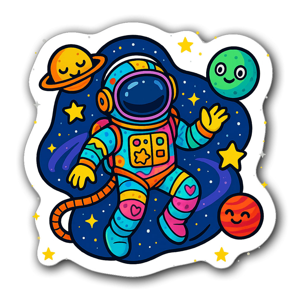 Colorful astronaut floating in space surrounded by stars and planets.
