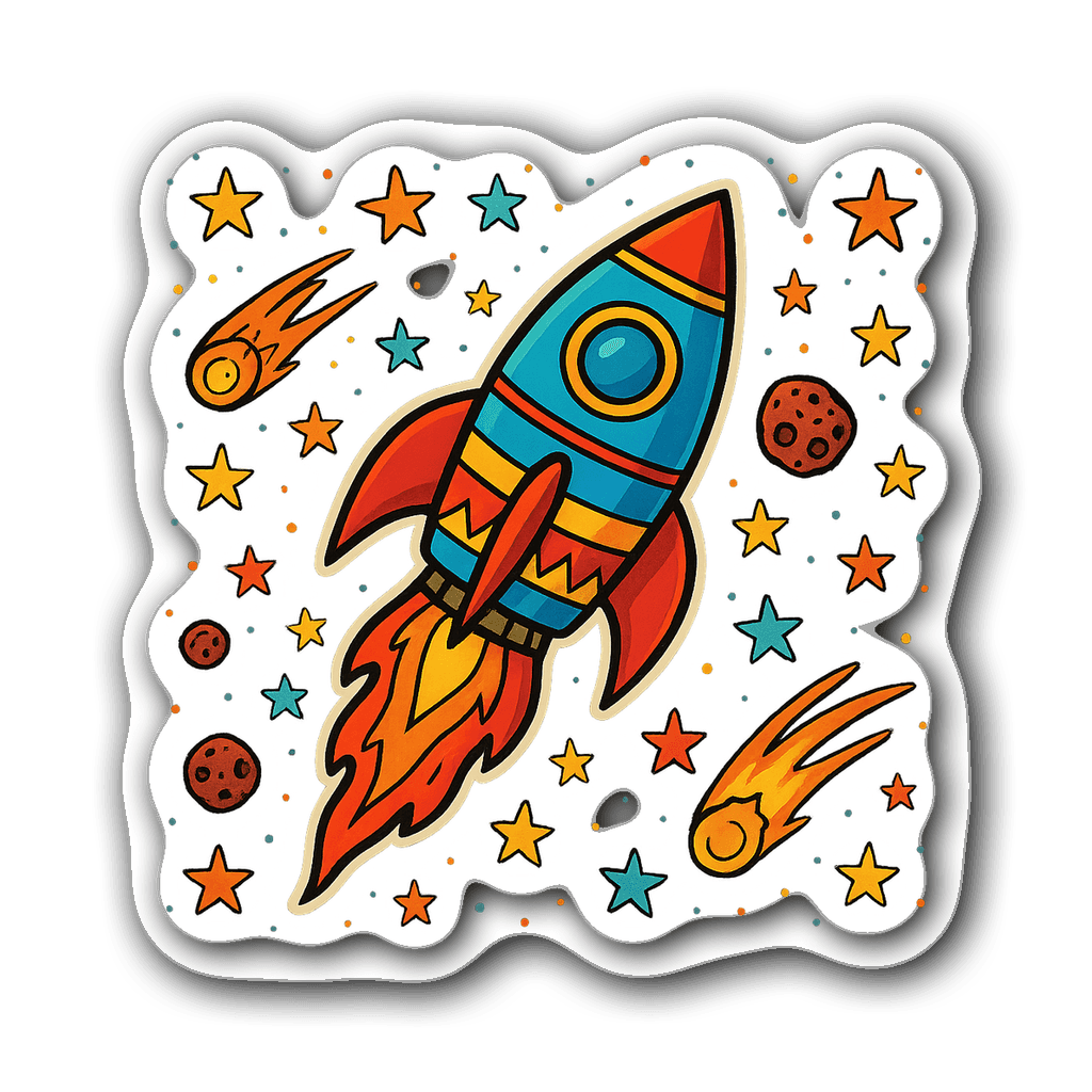 Vibrant rocket ship launching with colorful flames and stars