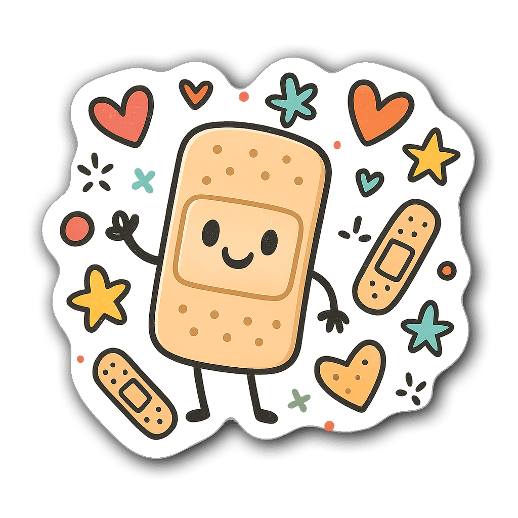 Whimsical cartoon band-aid character surrounded by colorful doodles