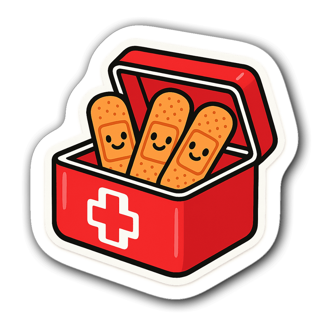 Playful vinyl sticker of a first aid kit with cartoon bandages