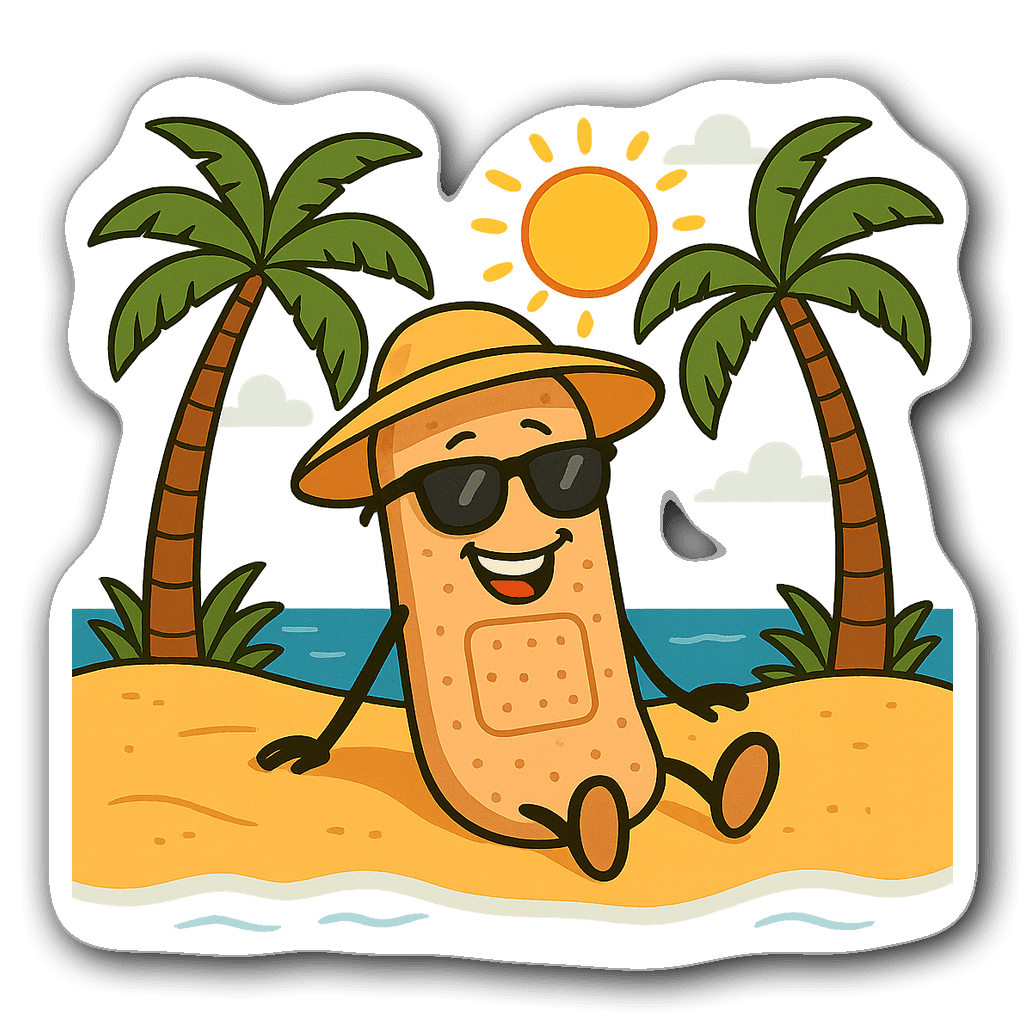 Cheerful cartoon adhesive bandage on a beach with sun hat and sunglasses.