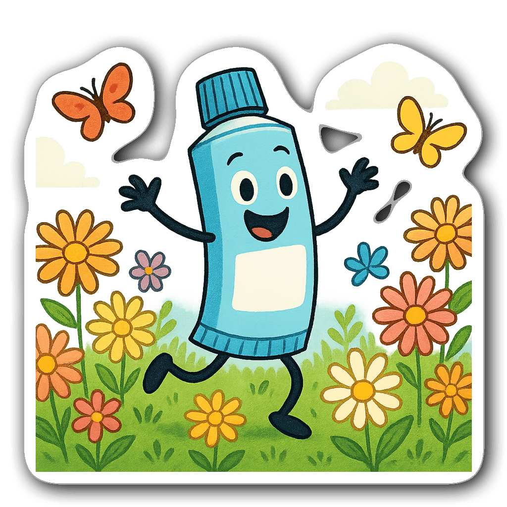 Cartoon tube of ointment dancing in a garden with daisies and butterflies