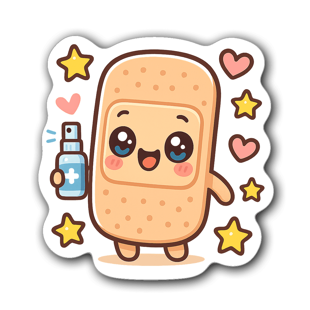 Kawaii chibi bandage with antiseptic spray and stars