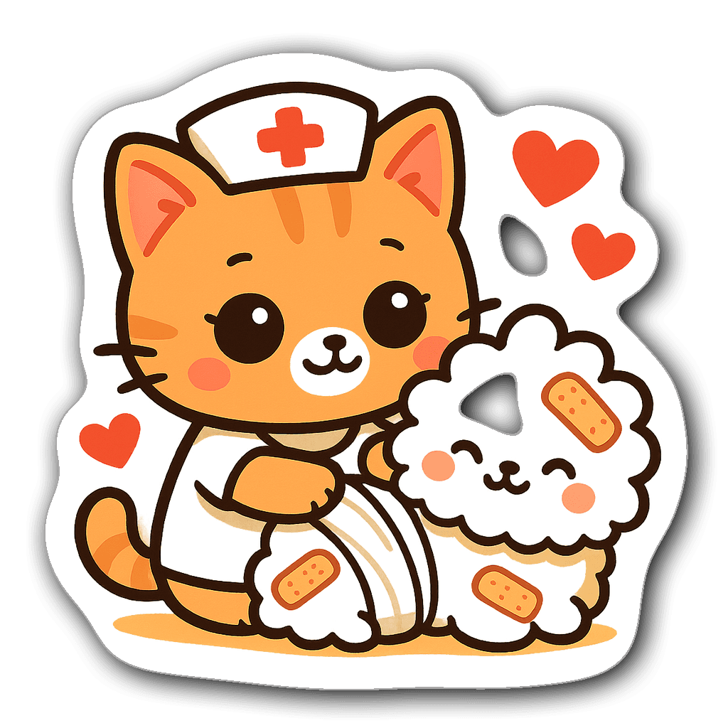 Chibi nurse cat with big eyes bandaging a cute pet