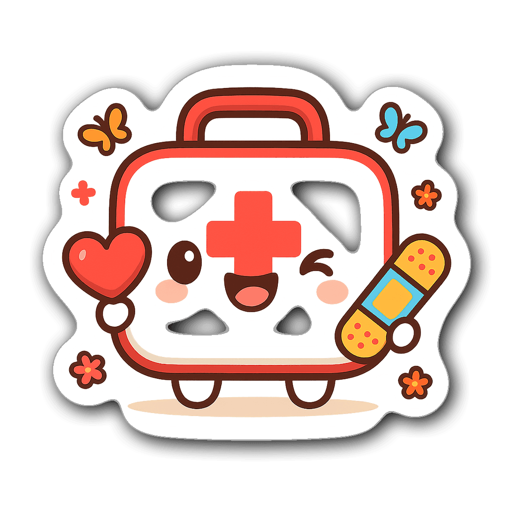 Kawaii chibi-style first aid kit with butterflies and flowers