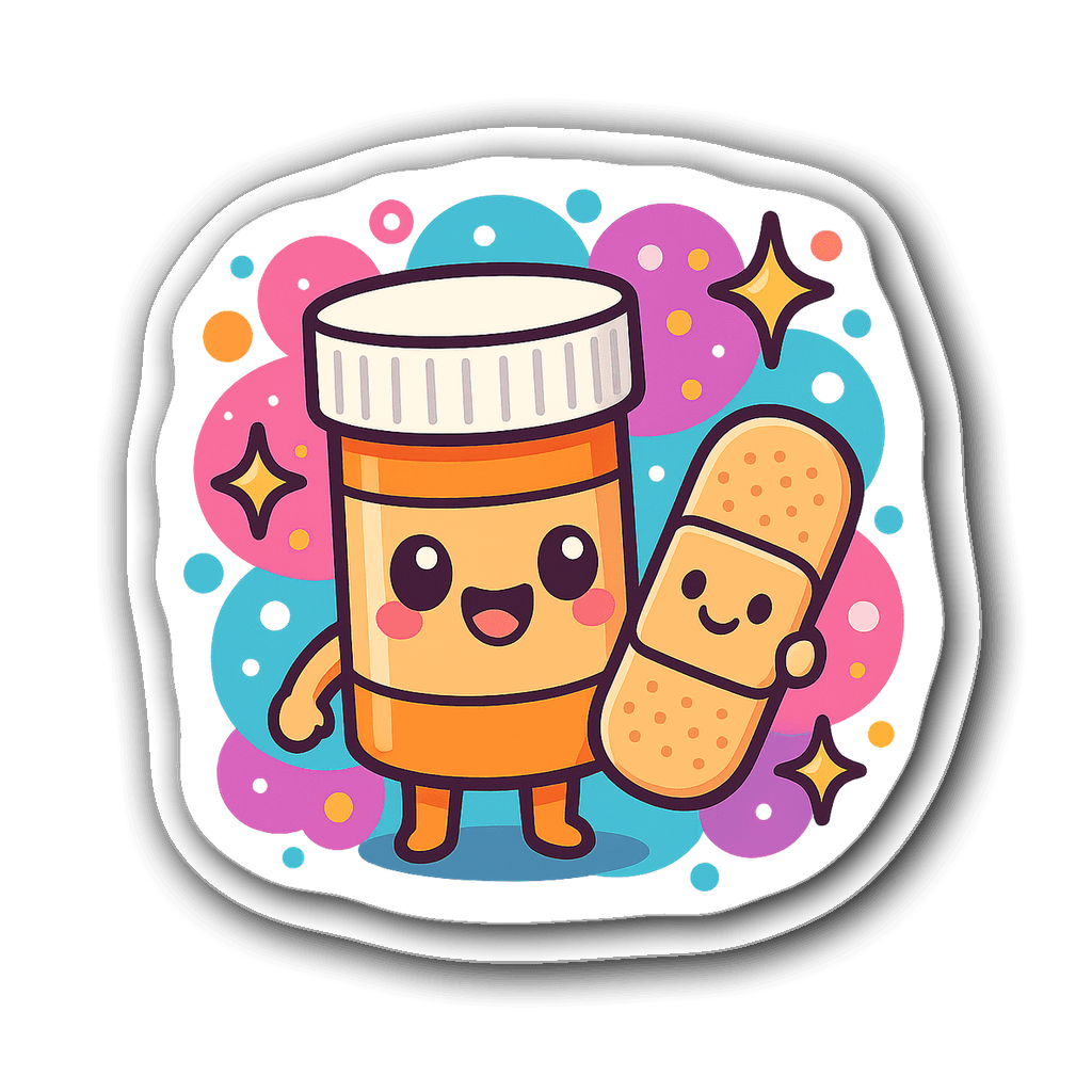 Kawaii chibi-style sticker featuring a cheerful pill bottle and bandage