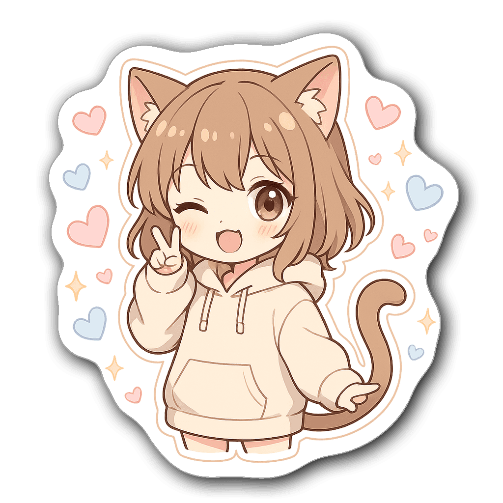 Die-cut sticker of a cute cat girl in an oversized hoodie with hearts