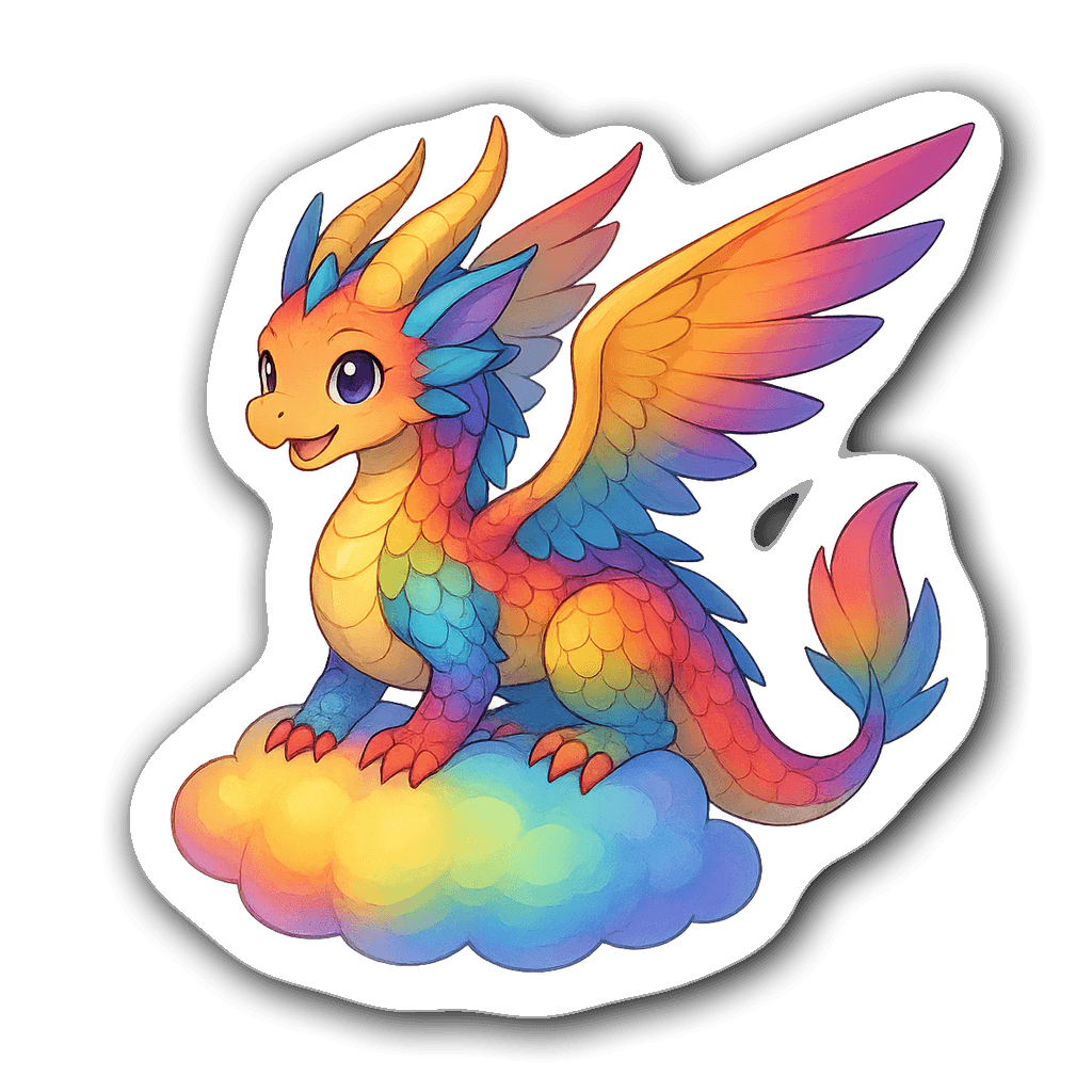 Whimsical anime fantasy creature on a rainbow cloud design