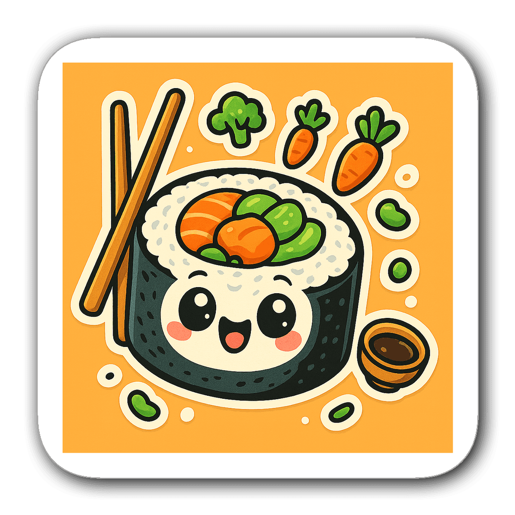 A quirky oversized sushi roll character with chopsticks and soy sauce