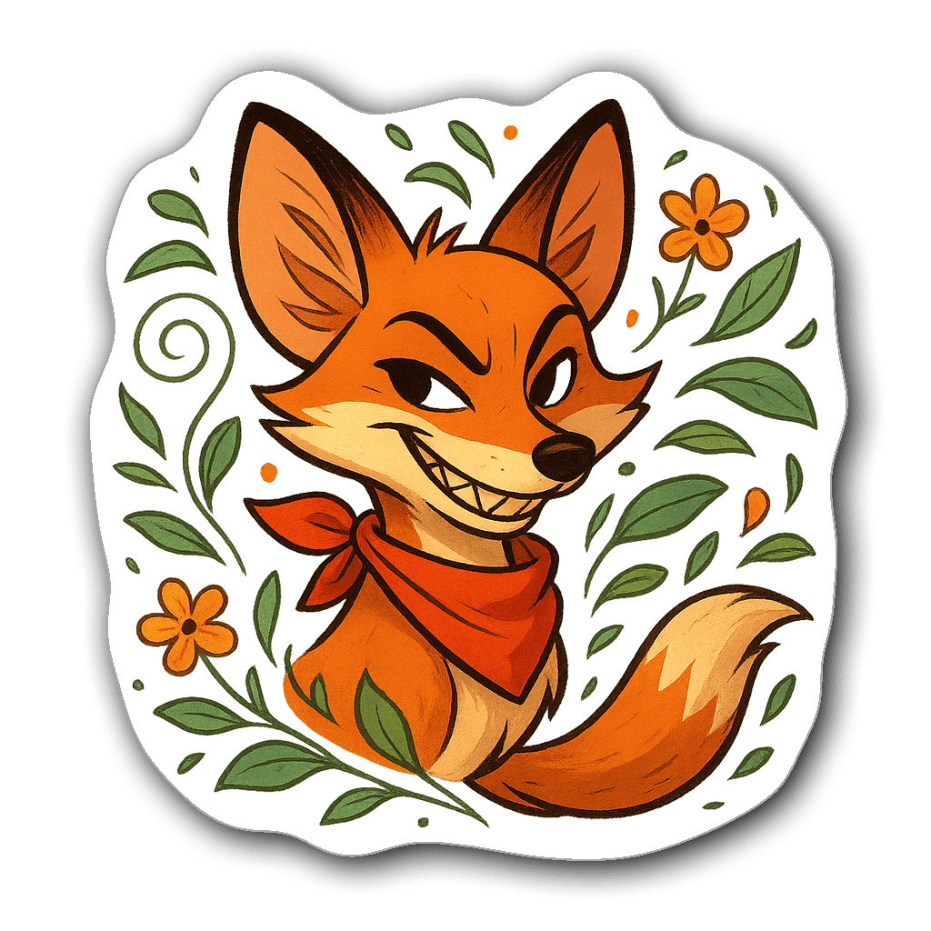 Vibrant vinyl sticker of a playful animated fox with flowers