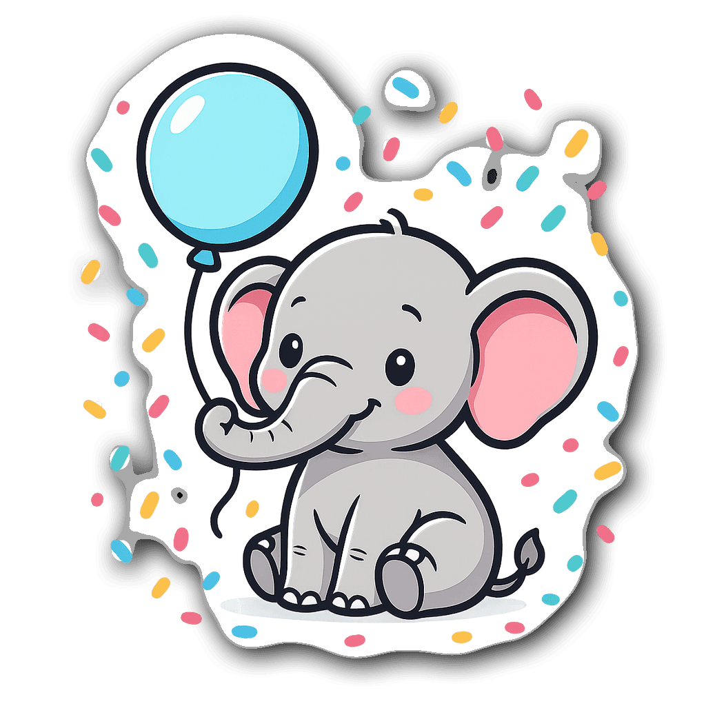Cute baby elephant holding a pastel blue balloon with confetti
